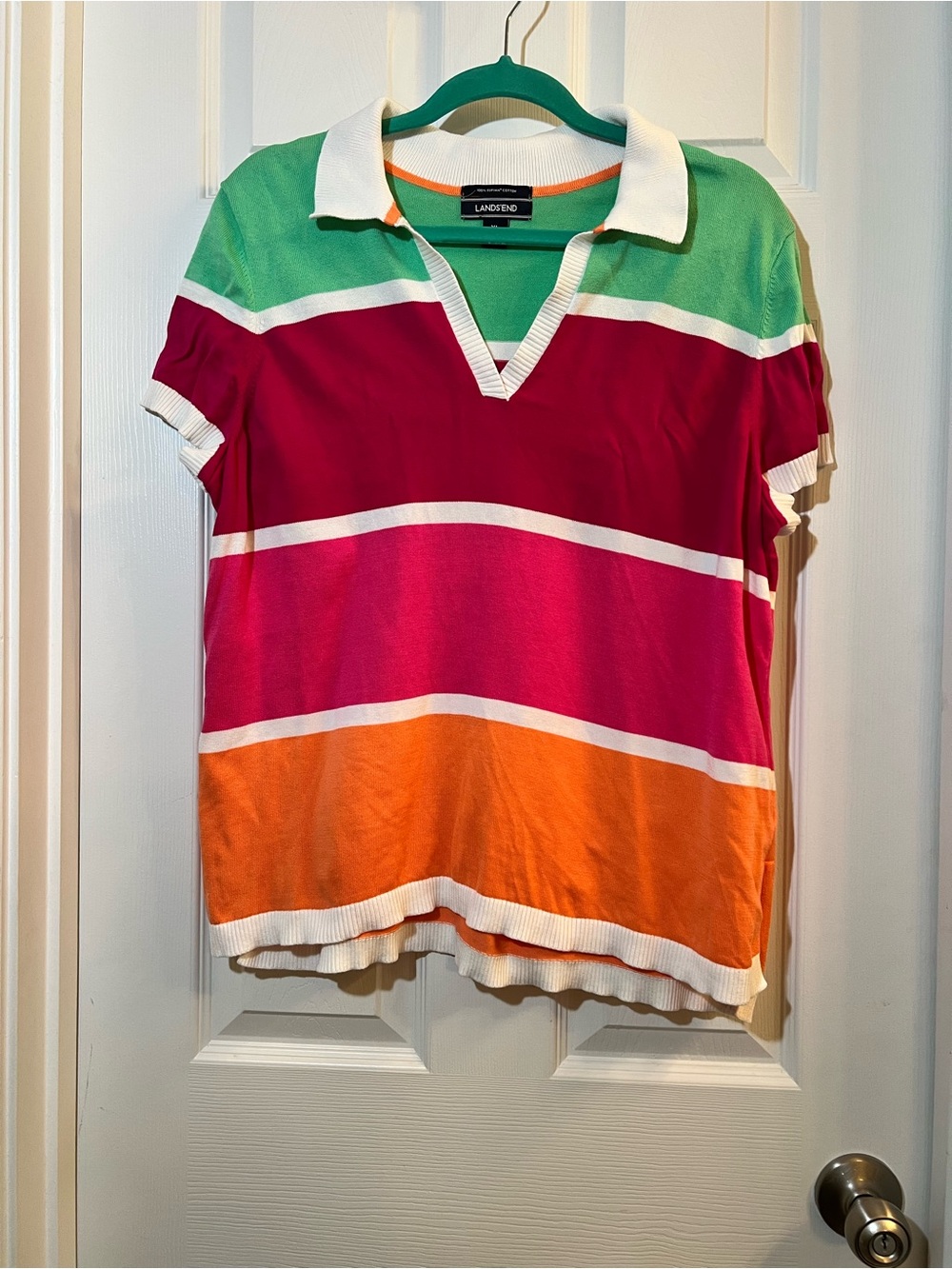 🦋Lands' End V-Neck Short Sleeve Sweater in Green, Red, Pink & Orange size xlarge